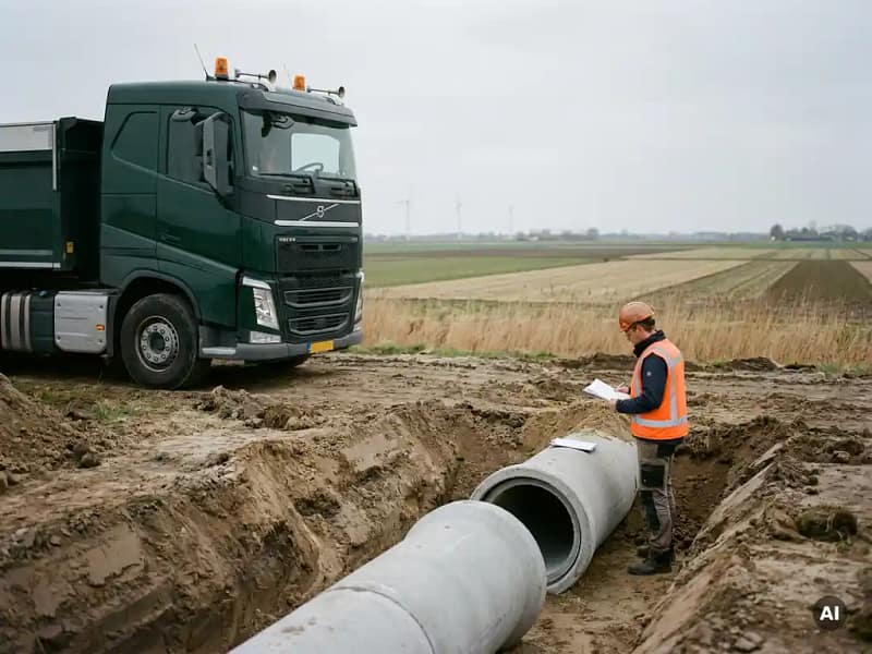 Civiel ingenieur in oranje veiligheidsvest bekijkt projectdocumenten bij open sleuf met rioolbuizen naast vrachtwagen in Nederlands polderlandschap.