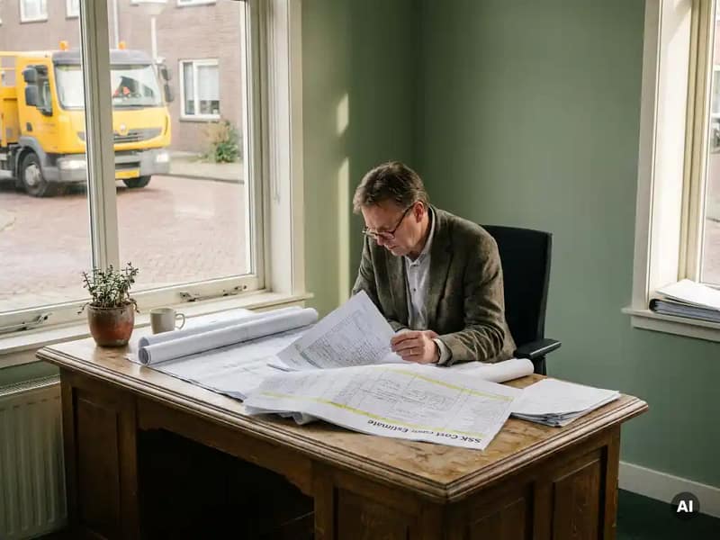 Nederlandse civiel ingenieur bestudeert SSK-kostenraming op houten bureau, gele vrachtwagen zichtbaar door kantoorraam.