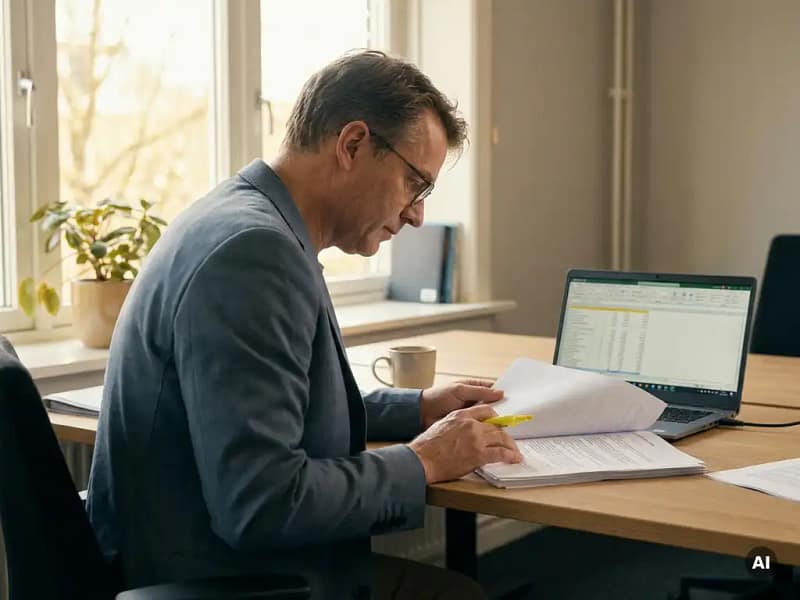 Nederlandse civiel ingenieur bekijkt SSK-kostenramingsdocumenten aan bureau met laptop en gele markeerstift, warm daglicht.