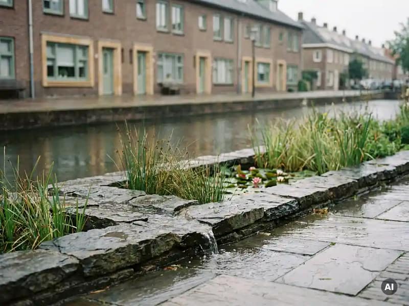 Bioswale met rietgras en waterlelies langs een stedelijk kanaal in Nederland, regenwater stroomt over doorlatende stenen.