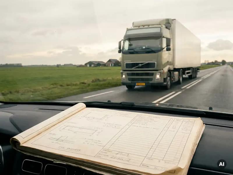 Vrachtwagen op Nederlandse snelweg door polderlandschap, met kostenschets op dashboard op de voorgrond.