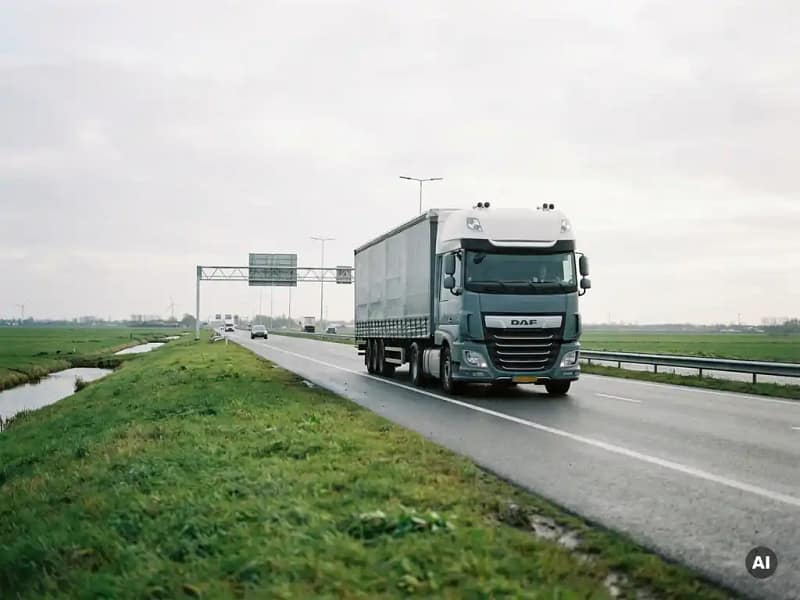 Nederlandse vrachtwagen op snelweg door vlak polderlandschap, tolportaal zichtbaar op de achtergrond, bewolkt noordelijk licht.