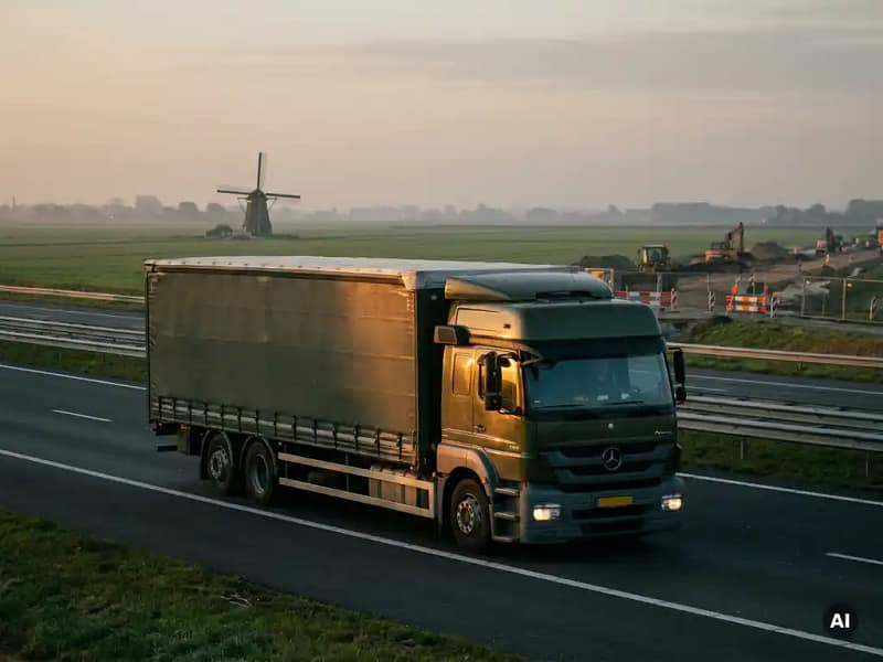 Vrachtwagen op Nederlandse snelweg bij zonsopgang, met groene polders, een windmolen en een bouwplaats op de achtergrond.