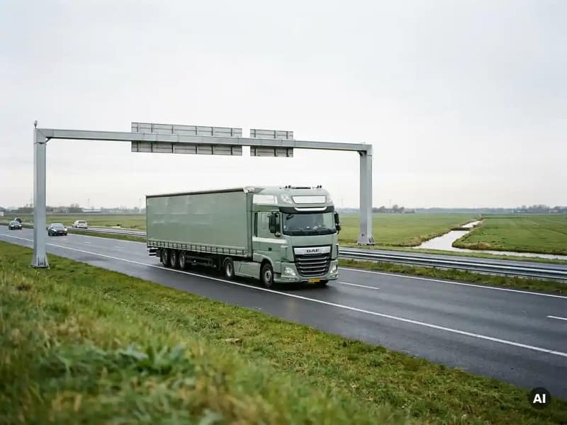 Articuleerde vrachtwagen op Nederlandse snelweg met tolportaal, vlak polderlandschap op de achtergrond.