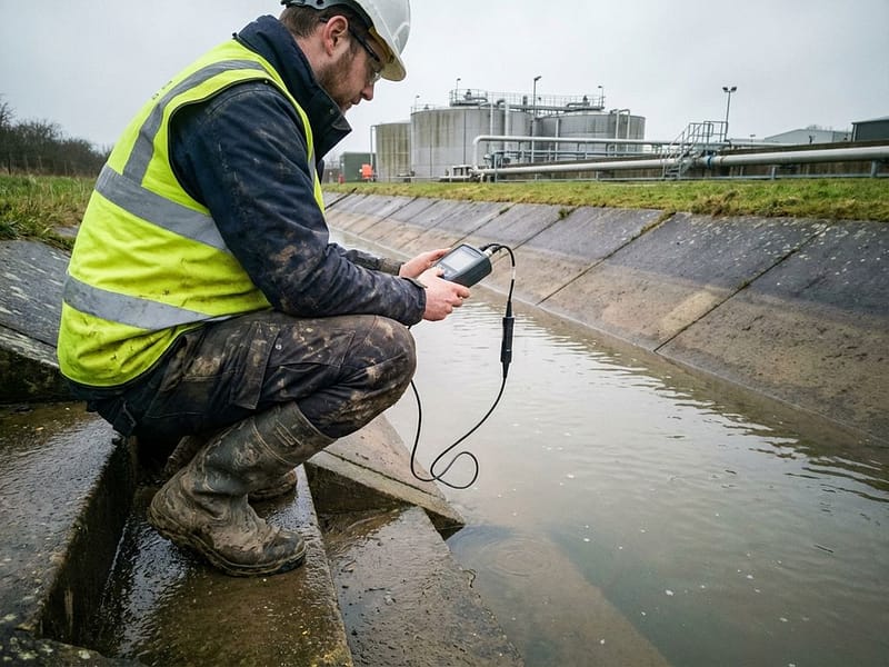 Waterbeheeringenieur meet waterstroom bij drainagekanaal met handapparatuur, waterzuiveringsinstallatie op achtergrond
