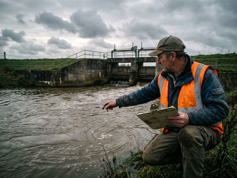 Gemeentelijke ingenieur onderzoekt waterafvoer bij drainagekanaal met klembord, betonnen infrastructuur op achtergrond