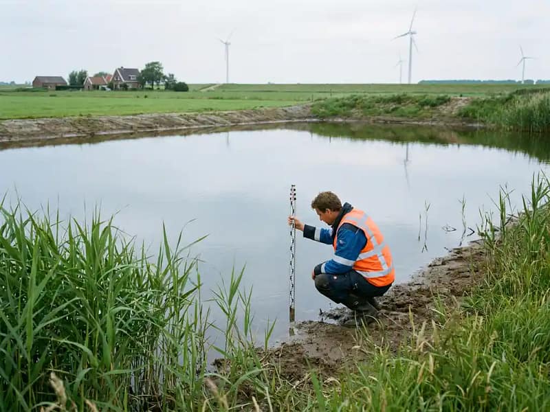 Waterbeheersingenieur meet waterstand bij nieuw aangelegde retentievijver in Nederlands polderlandschap, omgeven door riet.