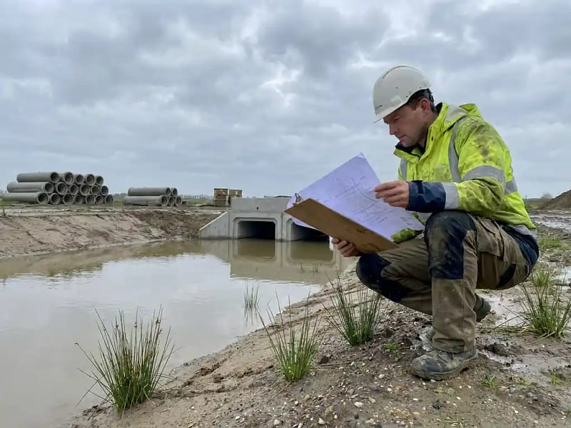 Civiel ingenieur bestudeert technische tekeningen bij een waterretentiebekken in een Nederlands polderlandschap met betonnen drainagestructuren op de achtergrond.