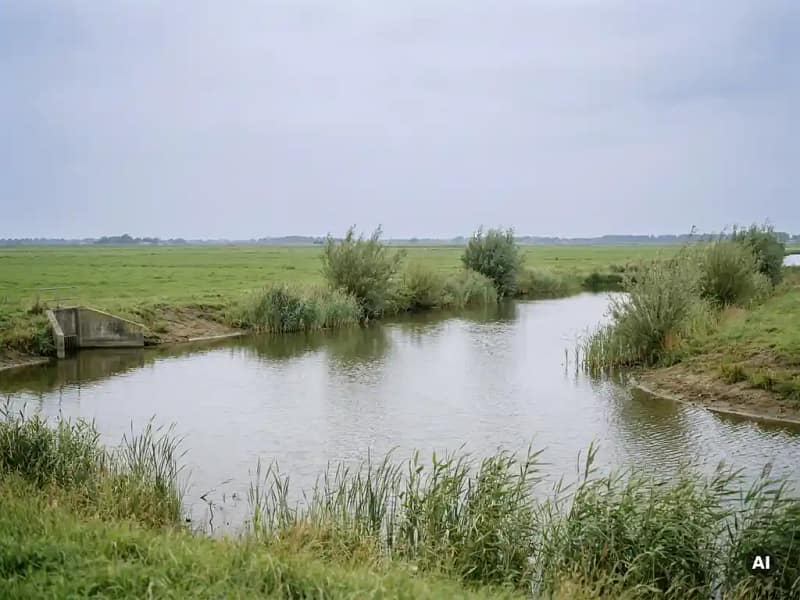 Waterretentiebekken in een Nederlandse polder met rietkraag, wilgenstruiken en een betonnen overlooprand onder bewolkte lucht.