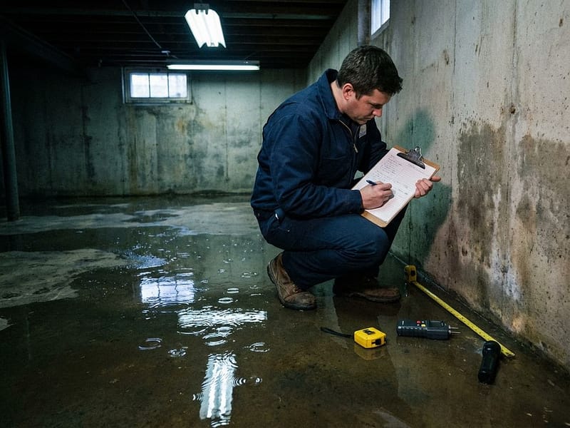 Waterschadespecialist in donkerblauwe jas onderzoekt overstroomde kelder met klembord en meetapparatuur