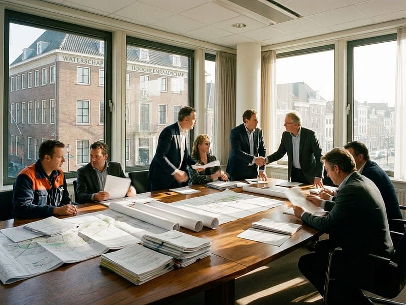 Overheidsfunctionarissen en waterbeheeringenieurs schudden handen rond conferentietafel met waterbeheerkaarten