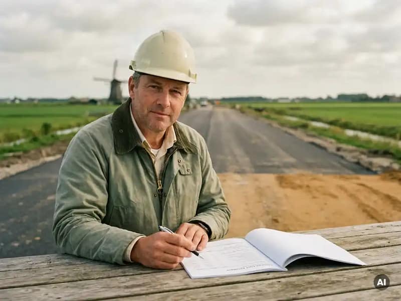 Burgerlijk ingenieur bestudeert kostenraming op buitentafel, met gedeeltelijk aangelegde weg en polderlandschap op de achtergrond.