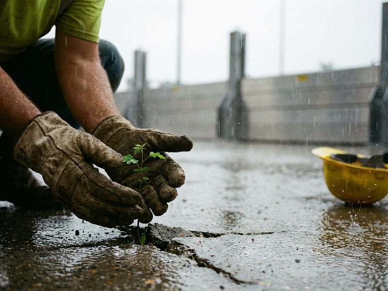 Bouwerker houdt groene plant vast die uit gebarsten beton groeit, met regendruppels en gele helm op natte grond