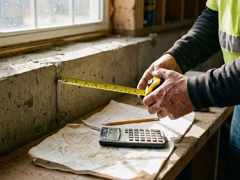 Bouwvakker meet betonnen fundering met meetlint, calculator en kostenramingen op werkbank zichtbaar