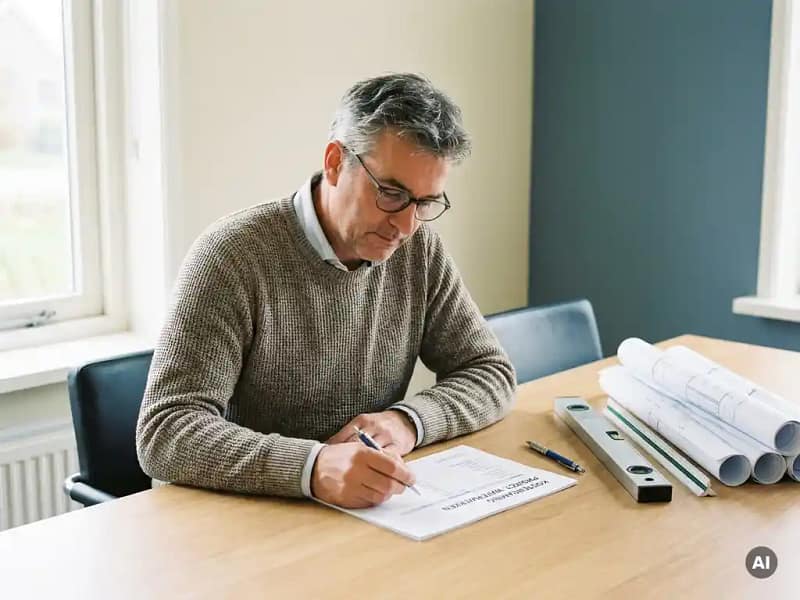 Nederlandse civiel ingenieur bestudeert kostenraming aan houten bureau met tekeningen, passer en waterpas in natuurlijk daglicht.