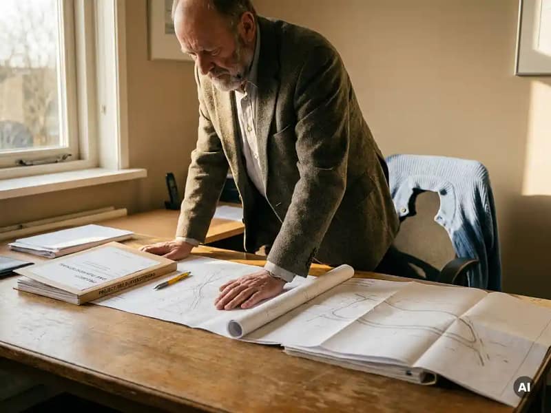 Burgerlijk ingenieur bekijkt projectmap met situatietekeningen en landmeetkaarten op houten bureau in warm middaglicht.