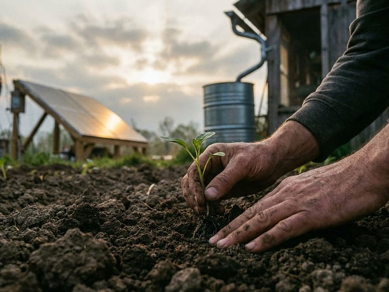 Verweerde handen planten groene zaailing in donkere aarde met zonnepaneel en regenton op achtergrond