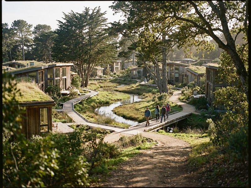 Eco-vriendelijke woningen met groene daken geïntegreerd in natuurlijk wetlandgebied met wandelpaden en beek