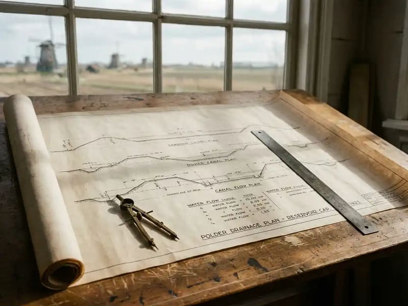Technische blauwdruk van waterafvoer en reservoirontwerpen op houten tafel met kompas en liniaal in architectenwerkruimte