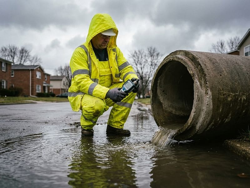Gemeentewerker in gele regenkleding meet waterstroom bij betonnen rioolbuis op natte straat tijdens bewolkte dag