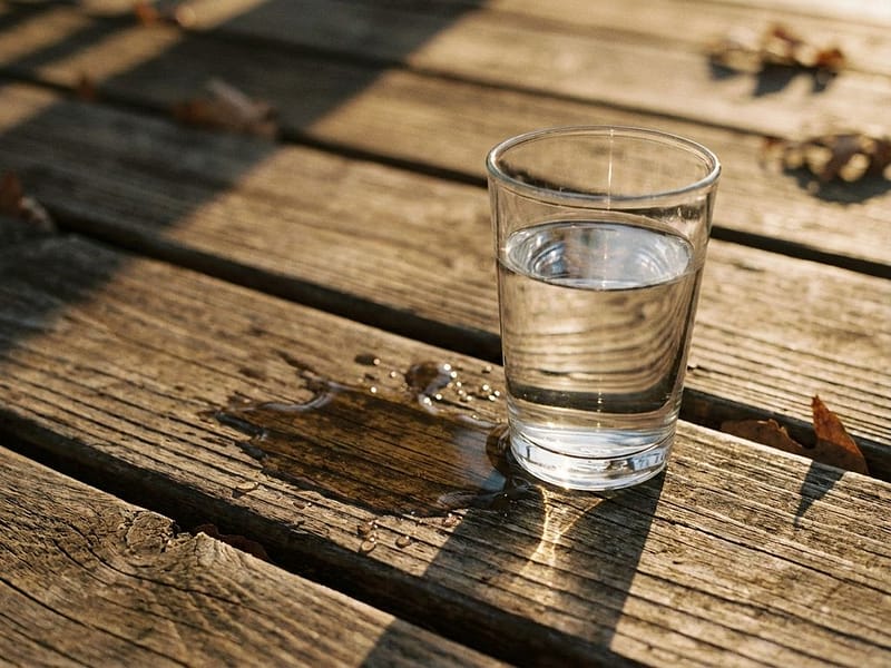 Glazen waterglas op verweerde houten planken met gemorst water, natuurlijk zonlicht en warme schaduwen