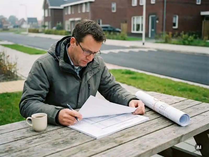 Civiel ingenieur bestudeert kostenraming op buitentafel met technische tekeningen en koffie, nieuw aangelegde woonstraat op de achtergrond.