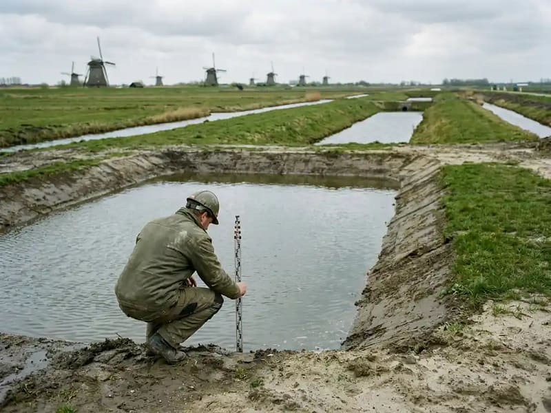 Civiel ingenieur meet waterdiepte in nieuw aangelegde retentievijver in poldergebied met afwateringssloten en groene dijken.