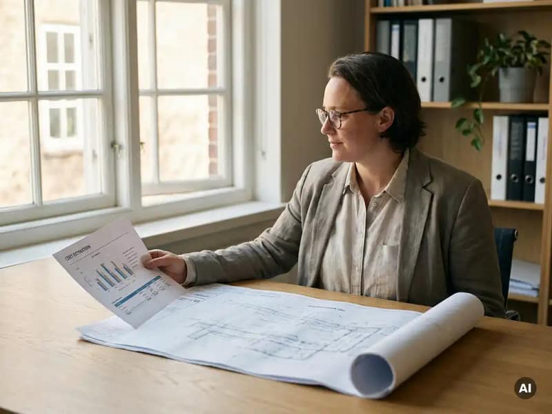 Klant in zakelijke kleding bekijkt kostenraming en civiel-technische situatietekening aan licht eiken bureau in kantoor.