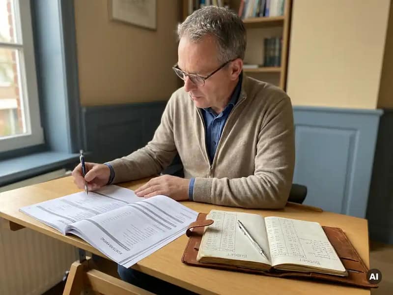 Civiel ingenieur bestudeert kostenraming op tekentafel naast leren notitieboek met budgetcijfers en mechanisch potlood.