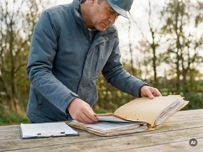 Nederlandse civiel ingenieur vergelijkt twee kostenramingsdossiers op een verweerde houten bouwplaatstafel in natuurlijk daglicht.