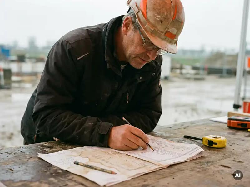 Nederlandstalige civiel ingenieur met helm bestudeert kostenraming op bouwplaats, meetlint en potlood op houten tafel.
