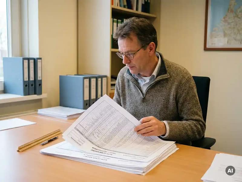 Nederlandse civiel ingenieur bestudeert kostenraming op papieren spreadsheets aan een opgeruimd bureau, met liniaal en potlood, in warm daglicht.