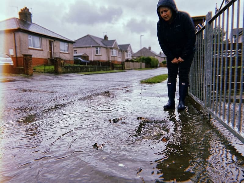 Overstroomde woonstraat met huiseigenaar in regenlaarzen die wateroverlast bij rioolputten onderzoekt