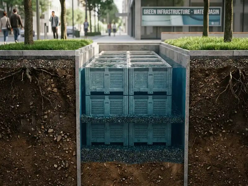 Doorsnede van stedelijke bodem met ondergronds wateropslagbassin van geperforeerde betonnen kratten in grindlagen onder groen stadsstraat.