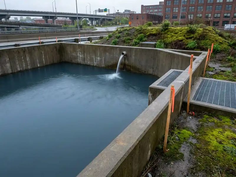 Betonnen waterretentiebekken dat zich vult met regenwater, omgeven door stedelijke infrastructuur, groene bufferzone en meetpalen van ingenieurs.