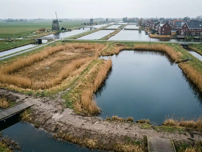 Stedelijke retentievijver naast een droge infiltratiekom in een Hollands polderlandschap met afwateringssloten en rietoevers.