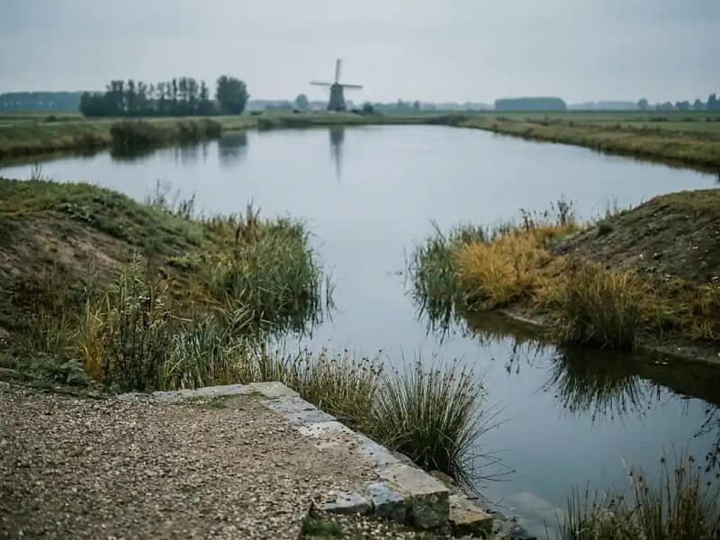 Retentievijver met grazige oevers, regentuin en doorlatend steenoppervlak in een Nederlands polderlandschap.