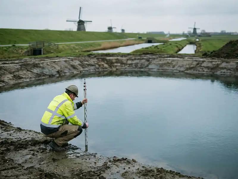 Civiel ingenieur meet waterdiepte in nieuw aangelegde retentievijver in Nederlands poldergebied met afwateringssloten en groene dijken.