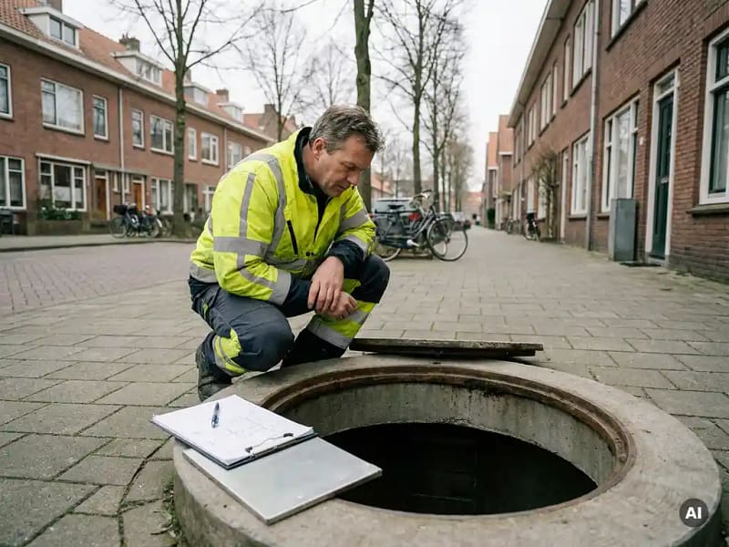 Civiel ingenieur inspecteert rioolput op woonstraat in Nederland, klembord met technische tekeningen op betonnen rand.