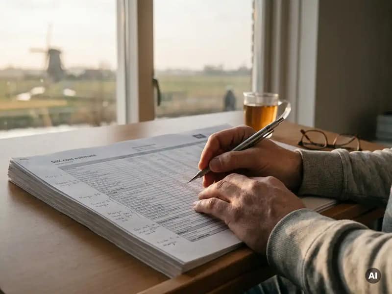 Civiel ingenieur bestudeert SSK-kostenraming op tekentafel met handgeschreven notities, polderландschap zichtbaar door kantoorvenster.