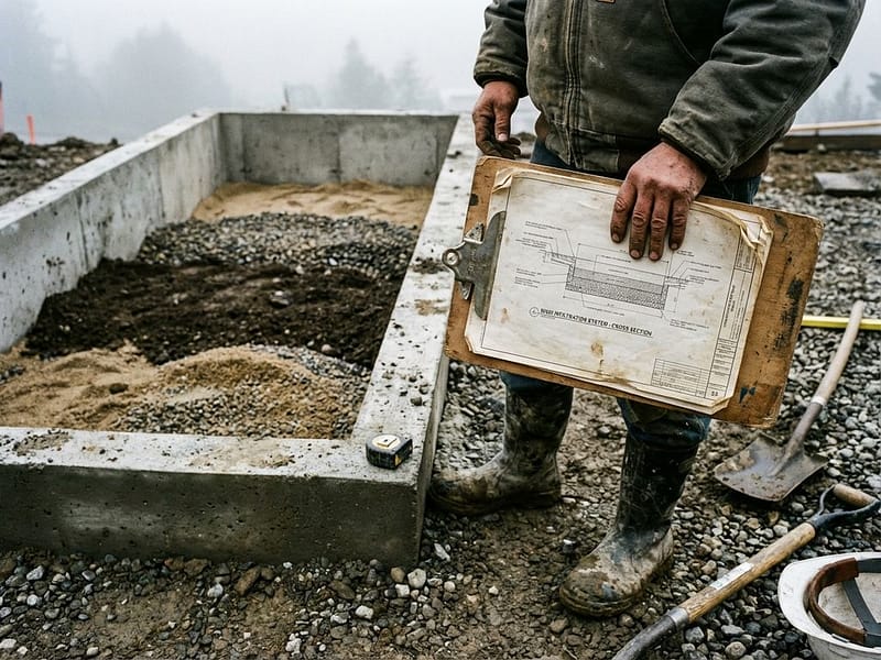 Bouwvakker met klembord en technische tekeningen bij WADI waterinfiltratie systeem constructie met betonnen bassin