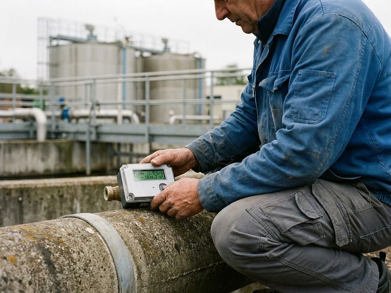 Wateringenieur controleert slimme watermeter op betonnen leiding bij waterzuiveringsinstallatie