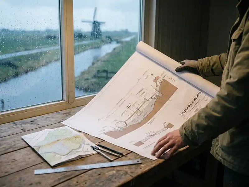 Civiel ingenieur rolt waterbeheerblauwdruk uit op houten werktafel, met contourkaart en meetgereedschap, polderland met afwateringskanalen op achtergrond.