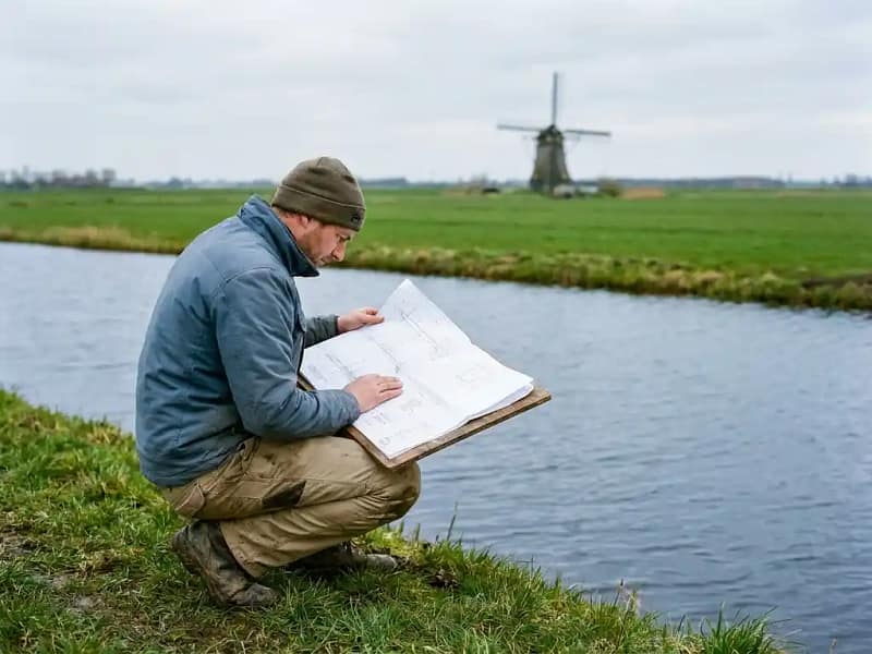 Civiel ingenieur vergelijkt waterbeheer tekeningen bij een polderkanaal in Nederland, met weilanden en molen op achtergrond.