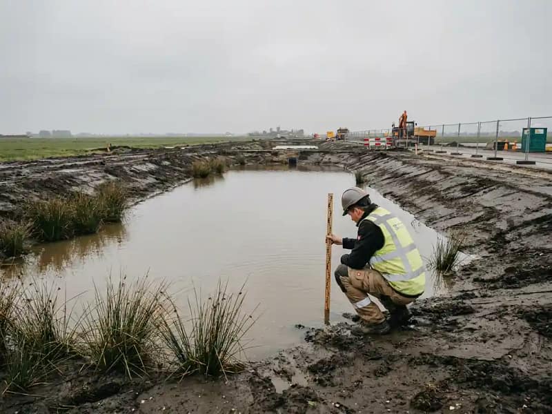 Civiel ingenieur meet waterstand in nieuw aangelegde retentiebekken op Nederlandse polderlocatie met kleioevers en rietgras.