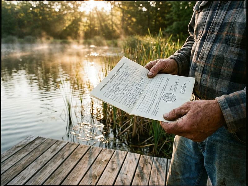 Persoon houdt watervergunning vast op houten steiger bij vijver, ochtendlicht reflecteert op wateroppervlak