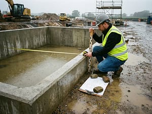 Bouwplaats ingenieur meet waterpeil in betonnen regenwaterbassin met meetlint, bouwplannen op modderige grond