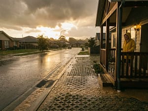 Moderne drainage afvoersysteem in voorstad tijdens zware regenval, huiseigenaar in gele regenjas kijkt tevreden toe