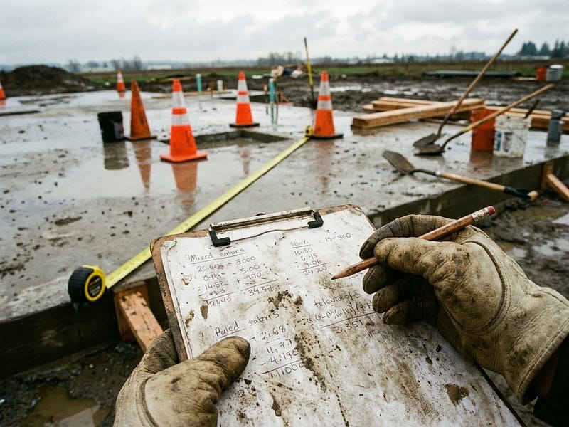 Klembord met handgeschreven berekeningen op bouwplaats, meetlint over betonnen fundering, oranje pionnen en gereedschap