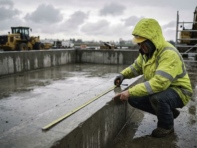 Bouwvakker in gele regenkleding meet betonnen waterbekken met meetlint tijdens lichte regen op bouwplaats